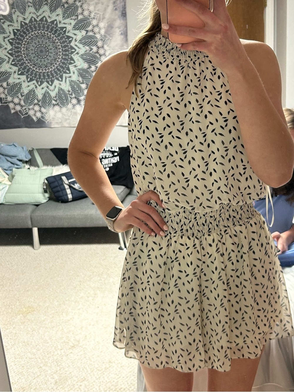 She + Sky Womens Romper Cream with Black Leaf Print
